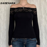 Joskaa Black Lace Stitched Slash Neck Crop Tops Elegant Sexy Skinny Long Sleeve T-Shirts Women Harajuku Y2k Spring Tees Basic