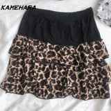 Joskaa Japanese Millennial Hot Girl Summer Subculture Y2K Cake Puffy Skirt Leopard Print Patchwork Short Skirt Shibuya Skirts