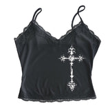 Joskaa Y2K Gothic Grunge Punk Aesthetic Print Lace Camisole Top Fashion Sexy Sleeveless Slim Chic Crop Top 90s Vintage Rock Women's Tee