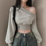 cold weather outfits Joskaa 2024 Autumn Winter Women Irregular Off Shoulder Hoodies Long Sleeve Sexy Crop Top Streetwear Pullovers Sweatshirt