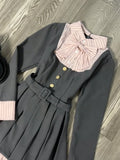 Joskaa New Vintage Blue Stripe Patchwork Elegant Long Sleeve Mini Dress Women College Style Button Pleated Short Dress Fashion Trend