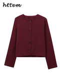 Joskaa Casual Wine Red Women's Short Jacket Elegant O-neck Single-breasted Full Sleeve Coats 2024 Autumn Lady Office Street Outwear New