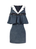 Joskaa French Vintage Denim Dress Women Causal Y2k Office Lady Slim Mini Dress Summer 2025 Korean Fashion Elegant Retro One Piece Dress