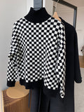 christmas outfit Joskaa Long Sleeves Loose Contrast Color Plaid High Neck Pullovers Sweater Tops