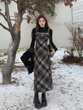 Joskaa 2025 Autumn Elegant Plaid  2 Piece Dress Set Women Outwear Casual Black Blouse + Vintage Slim Strap Dress Korean Fashion Suit