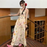 Joskaa Summer Woman Holiday Dress Elegant Floral Midi Dress Beach Style Sexy Sleeveless Dresses Harajuku Outwear Korean Fashion Dress