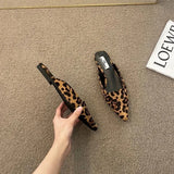 Joskaa Women Slippers Pointed Toe Leopard Design Shallow Slip on Thin Low Heels Black Flock Design Casual Mules Loafers Black Outdoor