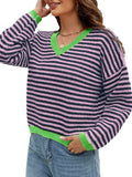 christmas outfit Joskaa Long Sleeves Loose Contrast Color Jacquard Striped V-Neck Pullovers Sweater Tops