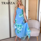 thanksgiving outfit Joskaa 2024 Spring Summer Casual Print Women Dresses Fashion Beach Style Floral Diagonal collar Slim Camisole Trumpet Long Dress