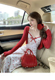 Joskaa 2025 New Sweet Sexy 2 Piece Dress Set Wonan Red Short Cardigan Print Sleeveless Midi Dress Party Korean Fashion Suit Female