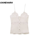 Joskaa Japanese Shibuya Street V-neck Strap Fashion Sexy Solid Color Buckle Lace Ribbed Strap Vest Y2k Tank Top Women 민소ë§?í‹?여성