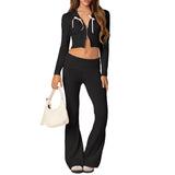 thanksgiving outfit Joskaa Y2K Women 2 Piece Knitted Outfits Long Sleeve Knitted Sweater Top Zipper Tracksuit Flare Pants Streetwear