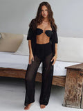 thanksgiving outfit Joskaa Sexy Hollow Out Knit T-shirt Pants Sets Women Lapel Button See Through Shirt Wide Leg Pant 2024 Summer Lady Chic Beach Outfits