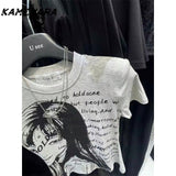 Joskaa Retro Street Top Spicy Girl Slim Fit Short Sleeve Summer Design Niche Y2k Shoulder Tees E-girl Gothic Grunge White Top