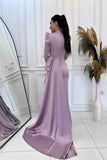 Joskaa Modest Long Sleeve فساتين سهرة Luxurious Purple Satin Vestidos De Fiesta Sequins Elegant High Neck Porm Dresses 2024-(PRE-ORDER)