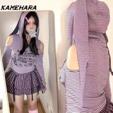 Joskaa Y2k Millennium Purple Striped Long Sleeve T-shirt Girl Spring Design Niche Spicy Girl Hooded Slim Fit Rabbit Ear Tops