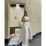 Joskaa Customized White Beaded Side Slit Veil robes de soirée Strapless Satin Party Dresses Floor-Length Trailing Prom Dress-(PRE-ORDER)