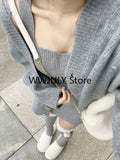 Joskaa 2025 Grey Knitted 2 Piece Dress Set Women Elegant Sweater Cardigan + Sexy Bodycon Slim Mini Dress Outwear Korean Fashion Suit