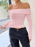 christmas outfit Joskaa Long Sleeves Skinny Pleated Solid Color Split-Joint Off-The-Shoulder Sweater Tops