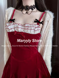 Joskaa 2025 New Christmas Red Elegant Evening Party Dress Women Sweet Spicy Girl Velvet Halter Dress Autumn Winter Y2k Sexy Mini Dress
