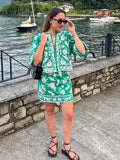 thanksgiving outfit Joskaa Embroidery Print Top Skirt Sets Women Green O-neck Lantern Sleeve Crop Tops Short Skirt Female 2024 Summer Chic Lady Outfits