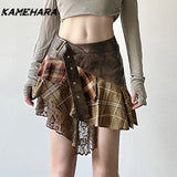 Joskaa E-girl Gothic Y2k Irregular Grid Splicing V-shape Waist Plaid Skirt Retro Personalized Lace Short Skirt Female Clothing