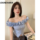 Joskaa Spring Hot Girl Y2k Lace Irregular Tee Summer Slim Fit Short Style Pure Desire Wind Sexy One Shoulder Exposed Navel Top