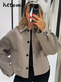 Joskaa Casual Woolen Blends Coats Women Loose Lapel Single Breasted Long Sleeve Female Jacket 2024 Autumn Lady Gray Cozy Street Outwear