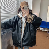 cold weather outfits Joskaa Double-Sided Wear Leopard Slippers Thickened Plush Jacket Women's Winter New Style Hong Kong Flavor Vintage PU Leather Cotton-Pa