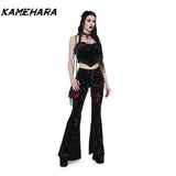 Joskaa American High Street Dark Gothic Cross Embroidered Bell Bottom Pants for Women's Outfit High Waisted Slimming Y2k Pants