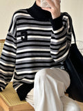 christmas outfit Joskaa Long Sleeves Loose Contrast Color Split-Joint Striped High Neck Pullovers Sweater Tops