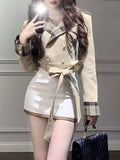 Joskaa Autumn Winter Korean Sweet Fashion 2 Piece Sets Women British Styleh Belt Office Lady Suit Coat + Elegant High Waist Mini Skirts