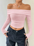 christmas outfit Joskaa Long Sleeves Skinny Pleated Solid Color Split-Joint Off-The-Shoulder Sweater Tops