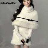 Joskaa Autumn French High-end Fashion 3-piece Set Fur Collar Shawl Style Bow Top Harajuku Style Half Skirt High-end Y2k Sets