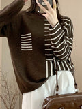 christmas outfit Joskaa Long Sleeves Loose Contrast Color Striped High Neck Pullovers Sweater Tops