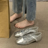 Joskaa Spring Square Toe Ballet Shoes Fashion Low Heel Mary Jane Shoes Casaul Silver Cross Buckle Shallow Soft Sole Shoes