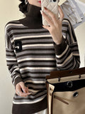 christmas outfit Joskaa Long Sleeves Loose Contrast Color Split-Joint Striped High Neck Pullovers Sweater Tops