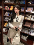 Joskaa 2025 Spring Fake Two Dress Sweet Woman Elegant Korean Fashion Y2k Mini Dress Long Sleeve Vintage Short Party Dress Casual Bow