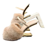 Joskaa Fashion Women Fur Slippers Sexy Peep Toe Gladiator Sandals Dress Pumps Spring Summer Strange Heel Mules High Heel Wedge Shoes