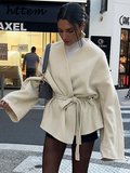 Joskaa Elegant Woolen Coat With Belt Women Loose Lace Up V Neck Long Sleeve Female Jackets 2024 Autumn Lady Fashion Commute Overcoat