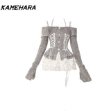 Joskaa Japanese Harajuku Style One Shoulder Hanging Neck Suspender Knitted Coat Shibuya Street Cake Half Skirt Y2k 2 Piece Set