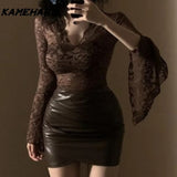 Joskaa Japanese Harajuku Sexy V-neck Horn Long Sleeve Lace Tees High Waist Bag Hip Half Body Leather Skirt Y2k Two Piece Set