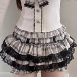 Joskaa Cute Soft Girl Style Gray White Checkered Lace Patchwork Short Skirt Bow Waist Cinching Patchwork Top Autumn Y2k Sets