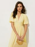 Joskaa Plaid Pattern Puff Sleeve V-Neck Midi Dress