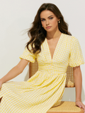 Joskaa Plaid Pattern Puff Sleeve V-Neck Midi Dress