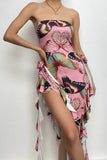 Joskaa Butterfly Printed Ruffle Ribbon Flower Tube Top Dress