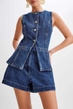 Joskaa Button Down Tank Tops Shorts Denim Set