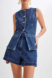 Joskaa Button Down Tank Tops Shorts Denim Set