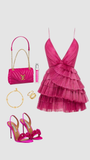 Joskaa Unique Hot Pink Pleated V-neck Homecoming Dresses With Ruffle Skirt (PRE-ORDER)