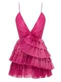 Joskaa Unique Hot Pink Pleated V-neck Homecoming Dresses With Ruffle Skirt (PRE-ORDER)